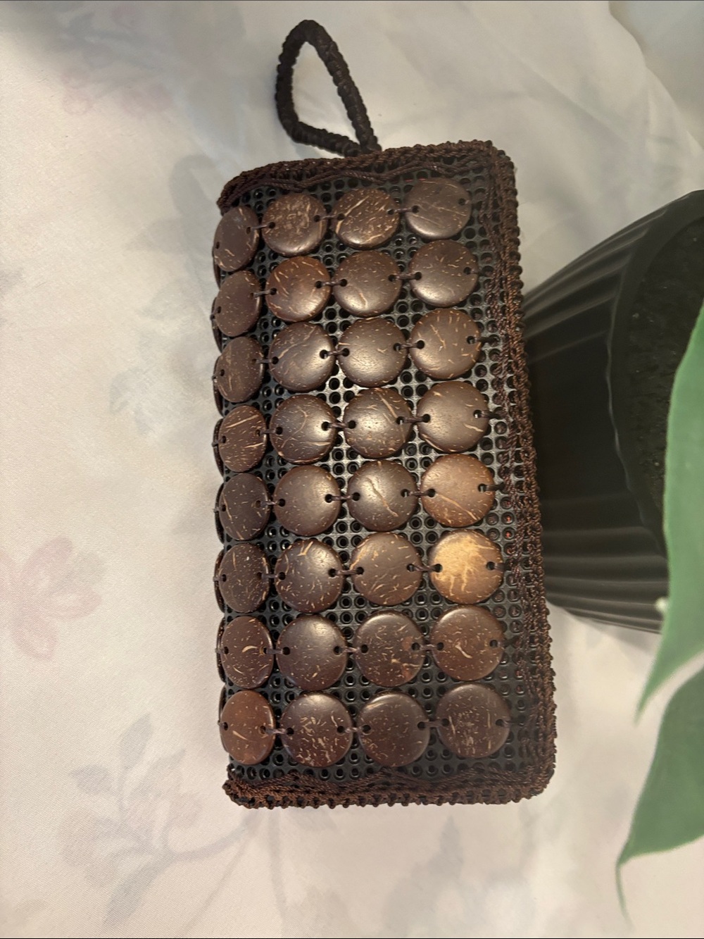 Brown Coconut Shell Beaded Double-Zip Wallet Wristlet - Picture 4 of 5